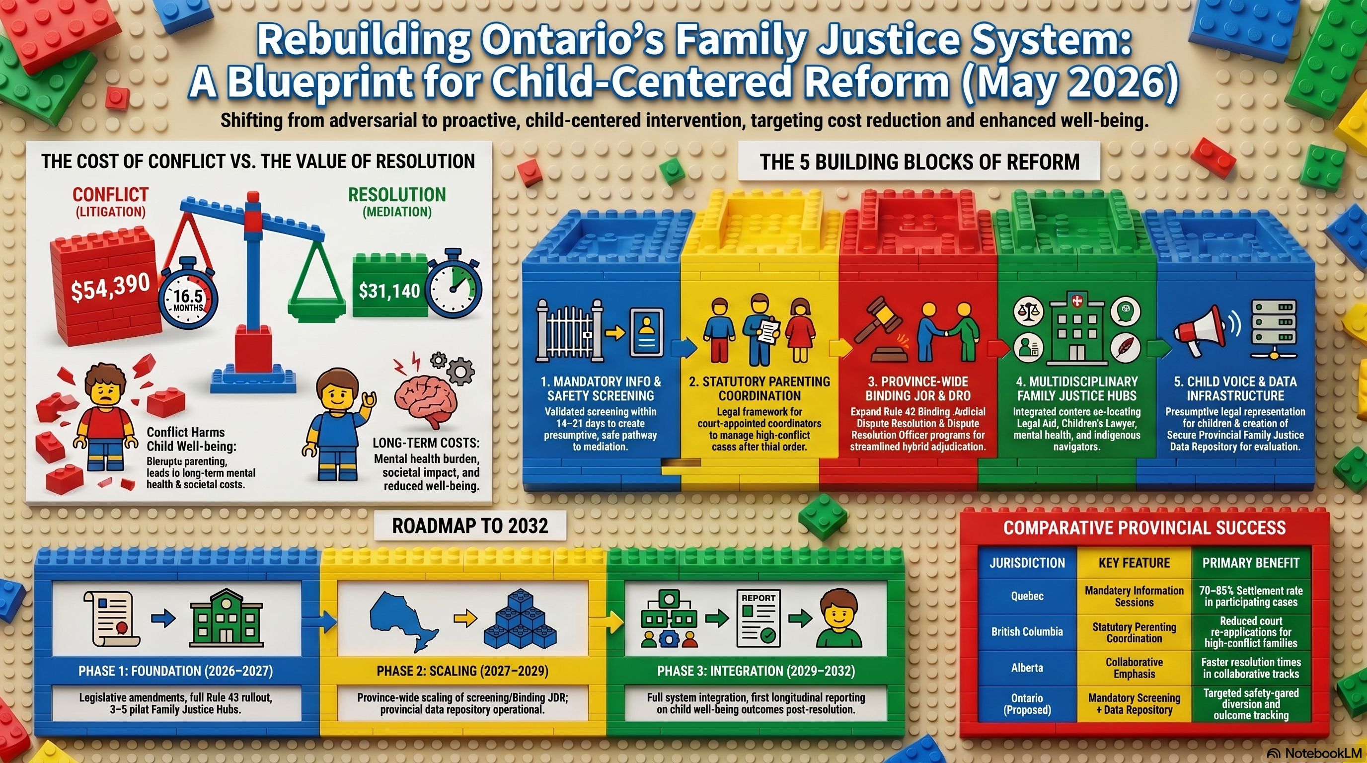 Rebuilding Ontario's Family Justice System: A Blueprint for Child-Centred Reform. Infographic summarising the cost of conflict ($54,390 litigation vs $31,140 mediation), the five reform building blocks, a 2026–2032 roadmap, and comparative provincial outcomes.